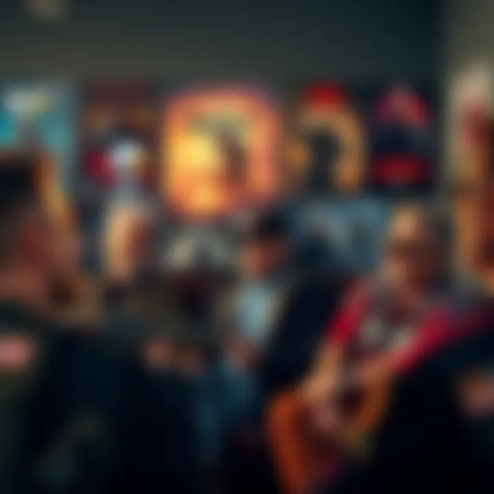 A group of veterans sharing their favorite first-person shooter games in a casual setting, with game posters in the background.