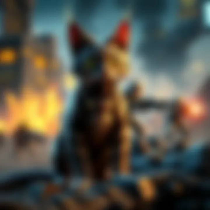 A Vex Cat character stands beside a downed teammate in Borderlands 3, expressing concern as players fight in the background.