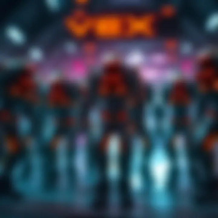 A group of VEX enemies from the game, showing their mechanical design and glowing features, standing in a futuristic environment