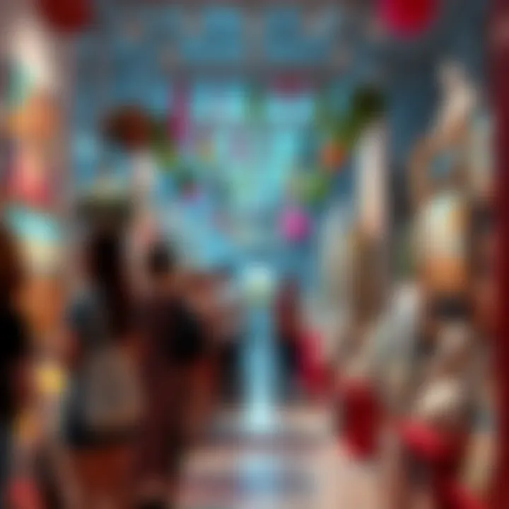 Artists showcasing their work in a lively gallery filled with colorful paintings and sculptures, reflecting creativity and energy.