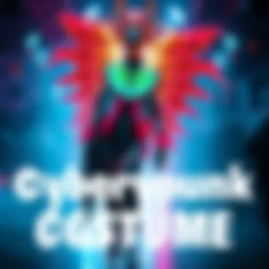 A stunning cyberpunk costume featuring neon colors, futuristic patterns, and intricate accessories, showcased at a lively event.