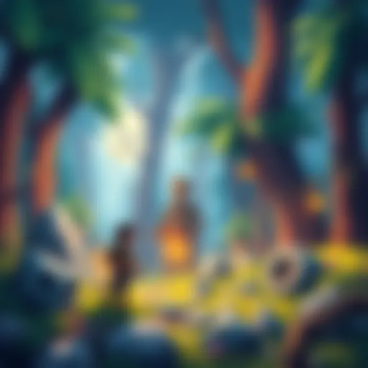 A colorful adventure game scene featuring a brave character exploring a lush forest filled with treasures and obstacles.