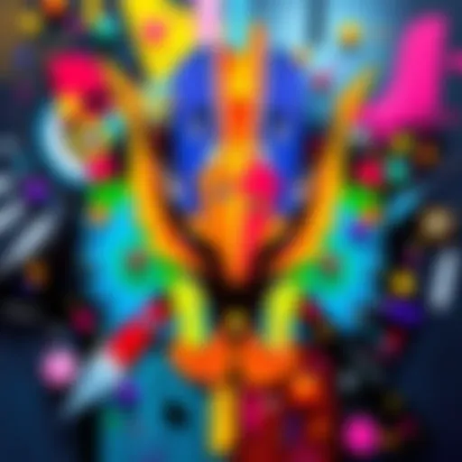 A colorful abstract artwork with bold shapes and striking colors that attracts viewers' attention.