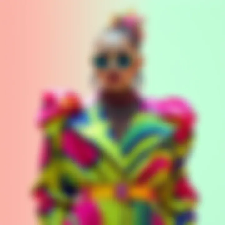 A model wearing a bold, colorful outfit representing the latest Alternate Volt fashion trends for 2025, with unique patterns and accessories.