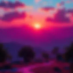 A collection of video game scenes showcasing bright colors and stunning landscapes, including a sunset from The Witcher 3.