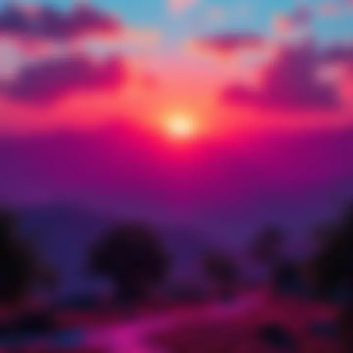 A collection of video game scenes showcasing bright colors and stunning landscapes, including a sunset from The Witcher 3.