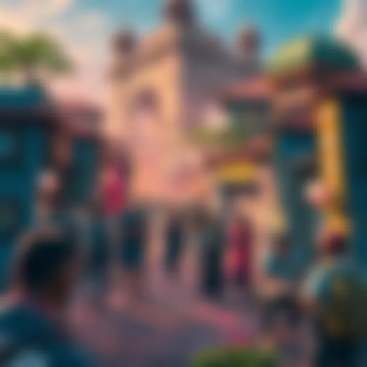 A lively open world game environment with bustling NPCs engaging in various activities, showcasing a rich and interactive setting.