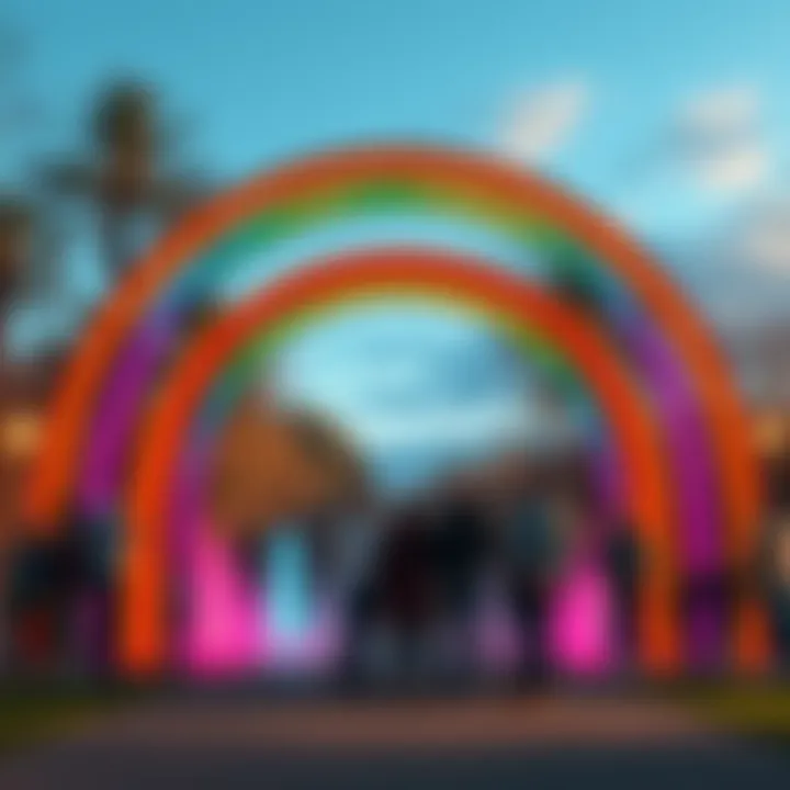 A colorful rainbow arch structure in a park, surrounded by curious residents looking at it.