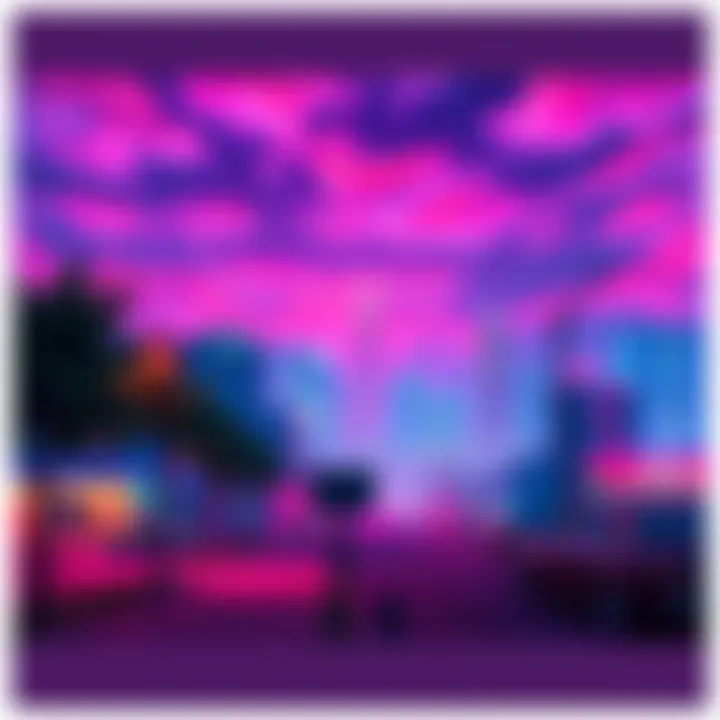 A colorful skyline of Vice City representing Miami, featuring palm trees and vibrant nightlife.