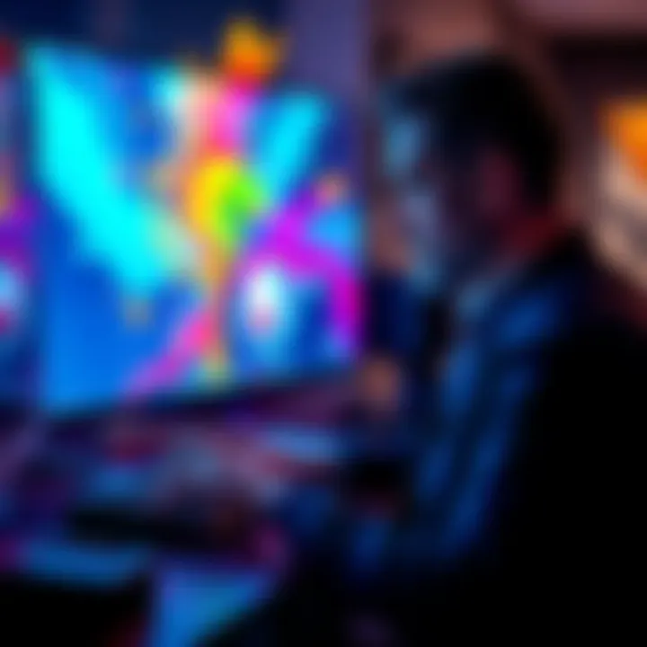 Victor Gideon working on digital art with vibrant colors and dynamic shapes on his screen