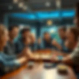 A group of friends happily celebrating a win at a board game table with smiles and cheers