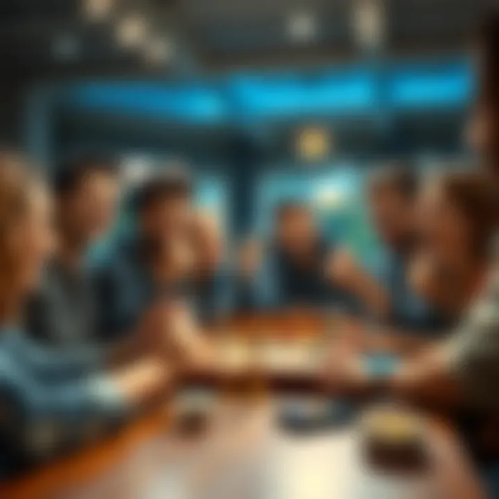 A group of friends happily celebrating a win at a board game table with smiles and cheers