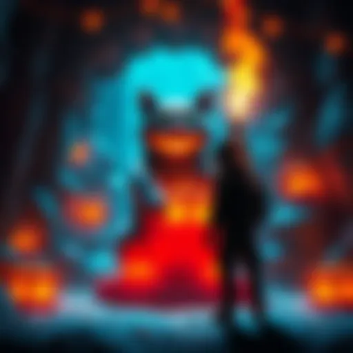 A gamer stands triumphantly after defeating a cat statue in a dark catacomb, surrounded by glowing treasures and a mysterious atmosphere.