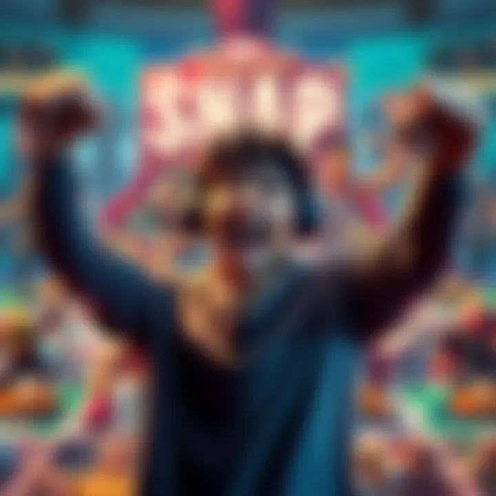 A gamer excitedly celebrating a win against a top 20 Marvel Snap competitor, fists raised in triumph, with a game board in the background.