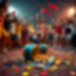 People celebrating a game victory with broken maracas on the ground