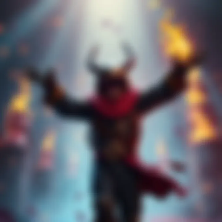 A victorious character celebrating after completing a challenging gauntlet with obstacles and fiery elements.