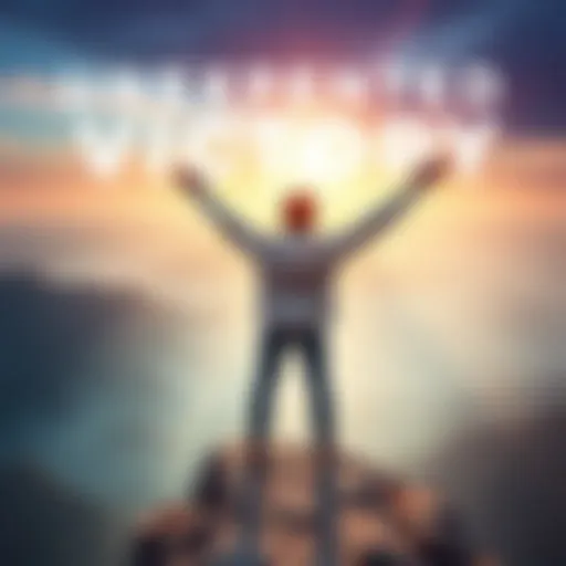 A person with arms raised in triumph, standing on a mountain peak, symbolizing resilience and success against challenges