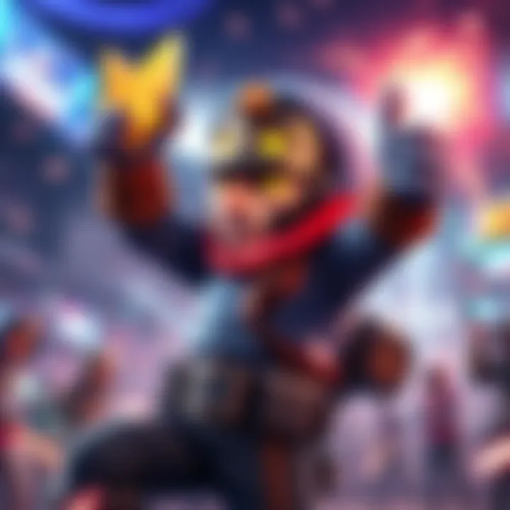 A screenshot showing a gaming character not often used, celebrating a surprising win in a quick play match with vibrant effects in the background.