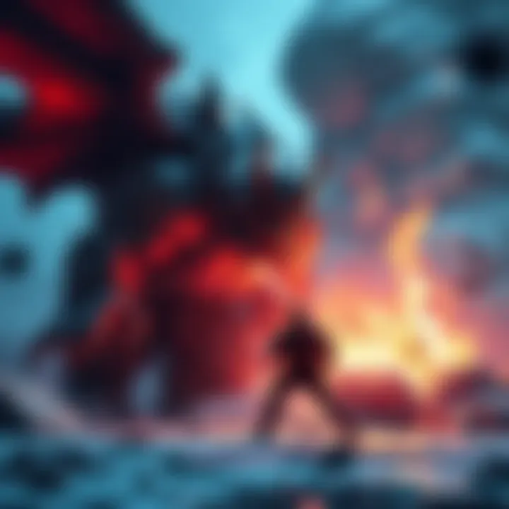 A dramatic scene of a hero facing a challenging boss in a video game, with music notes symbolizing the epic soundtrack.