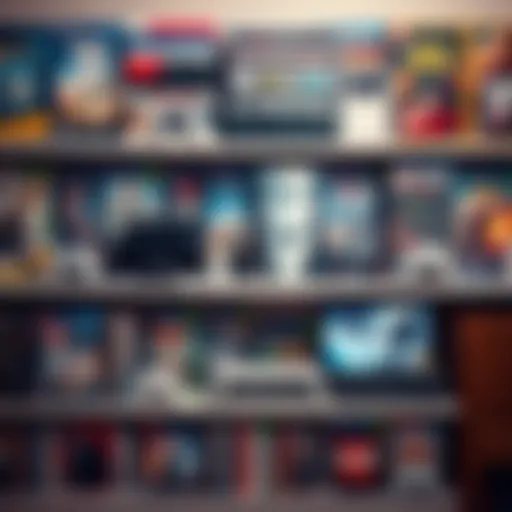 A shelf filled with various video games and consoles, showcasing popular titles for collectors, with vibrant covers visible.