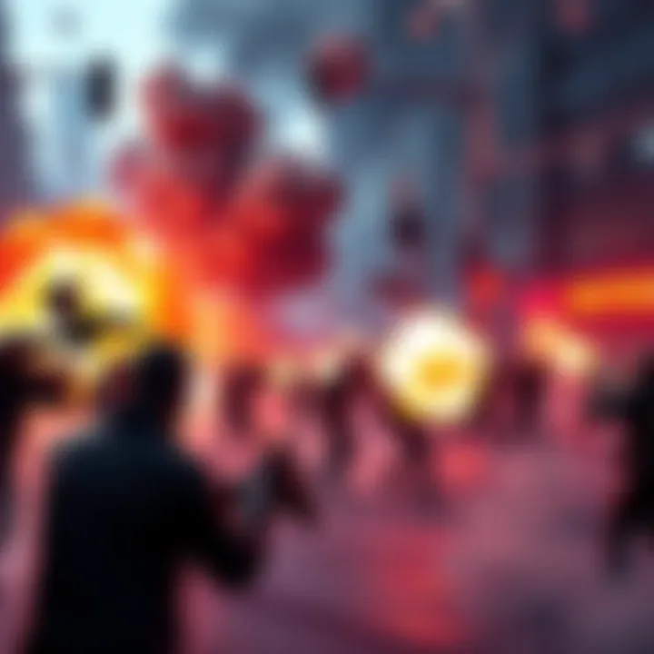 A chaotic scene from a video game showing players engaging in public violence and mayhem with explosions and gunfire
