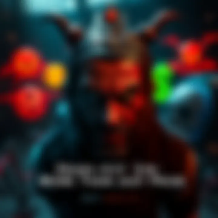 A video game character looks troubled, surrounded by symbols representing various deadly sins like envy and greed, in a dark gaming environment.