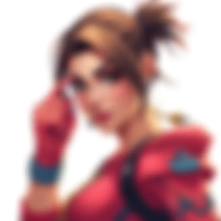 A detailed drawing of a female video game character with a confident pose and striking features.