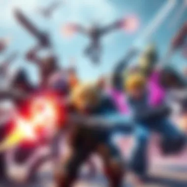A group of diverse video game characters engaged in an intense battle, displaying various unique abilities and expressions, set against a colorful game world background.