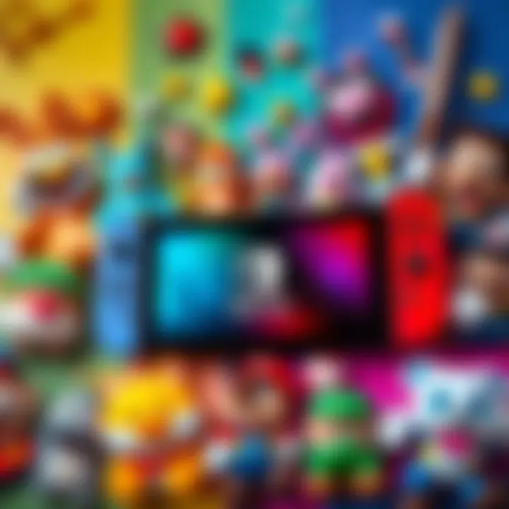 A variety of friendly video game characters on colorful backgrounds, appealing to children, with a Nintendo Switch and a PC in the center.