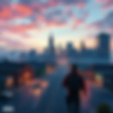 A vibrant skyline of a city inspired by video games, showcasing iconic landmarks and urban streets like those in Oakland, San Francisco, and New York, with a gaming character in action.