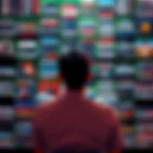A person sitting in front of a shelf filled with various video game cases, contemplating whether to buy new games or play older ones.