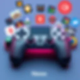 Video game controller with popular game icons A video game controller surrounded by icons of popular games representing different genres.