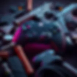 Video Game Controller with Weapons A close-up of a video game controller surrounded by various gaming weapons, highlighting the focus on game mechanics like weapon durability.
