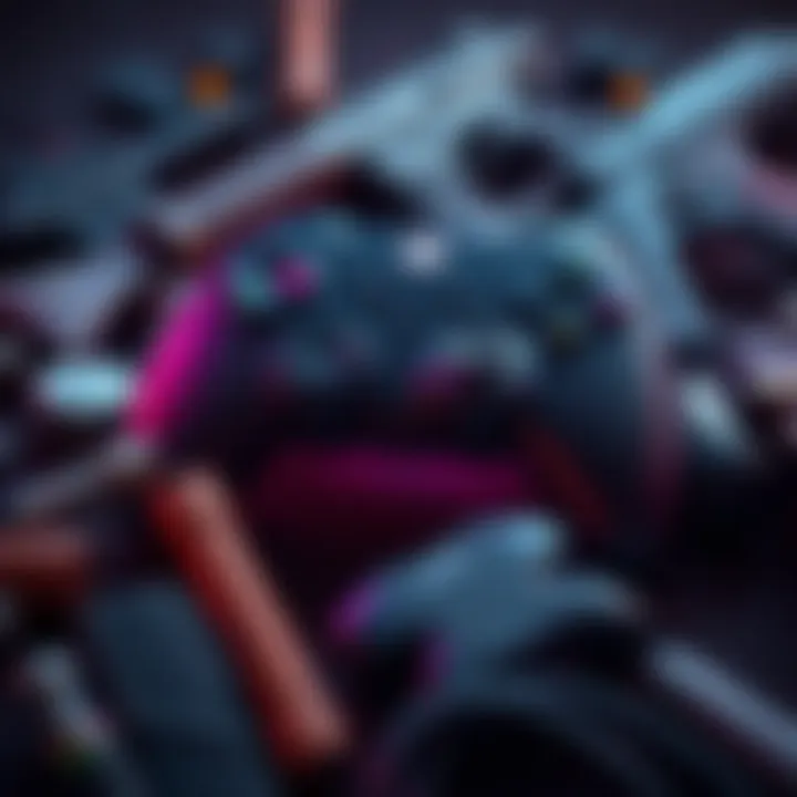 Video Game Controller with Weapons A close-up of a video game controller surrounded by various gaming weapons, highlighting the focus on game mechanics like weapon durability.