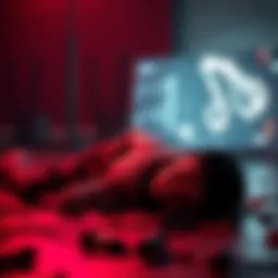 A video game character lying on the ground after defeat, with a dark background and a glowing death screen overlay