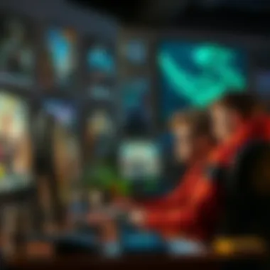 A group of game developers working late at their desks, surrounded by game posters and computer screens, showing signs of stress and determination.