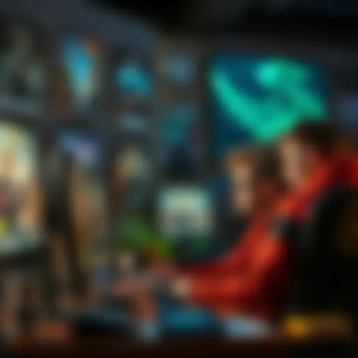 A group of game developers working late at their desks, surrounded by game posters and computer screens, showing signs of stress and determination.