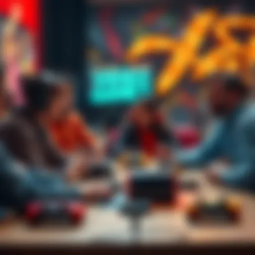 Video Game Discussion A group of people sharing their thoughts on video games in a lively discussion, with various game controllers and consoles on a table.