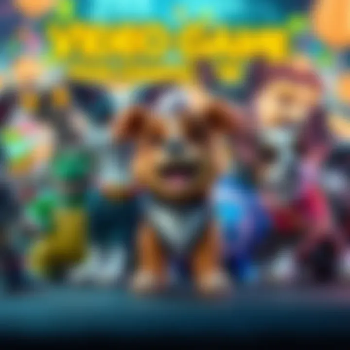 A collection of cartoon dog characters from various video games, showcasing their unique styles and personalities, set against a colorful gaming background