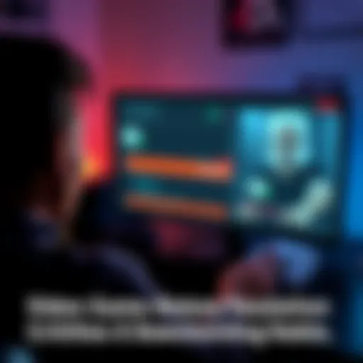 A person looking at a computer screen showing a download progress for a video game, with game consoles and discs in the background.