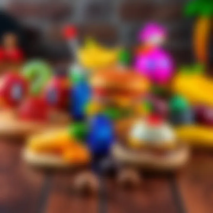 An assortment of vibrant food items from video games, including a pixelated burger, potions, and fruit, displayed on a wooden table