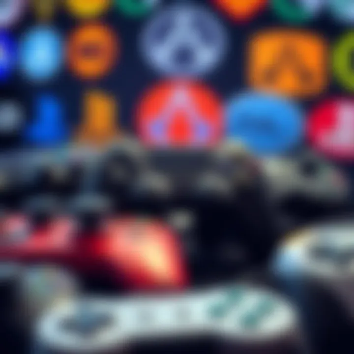 A collection of video game controllers with logos from franchises like Halo and Assassin's Creed in the background, representing nostalgia for classic games.