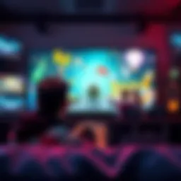 Video game intro cinematic scene A gamer watches an exciting intro cinematic on a screen, animated characters and vibrant visuals captivate the attention.