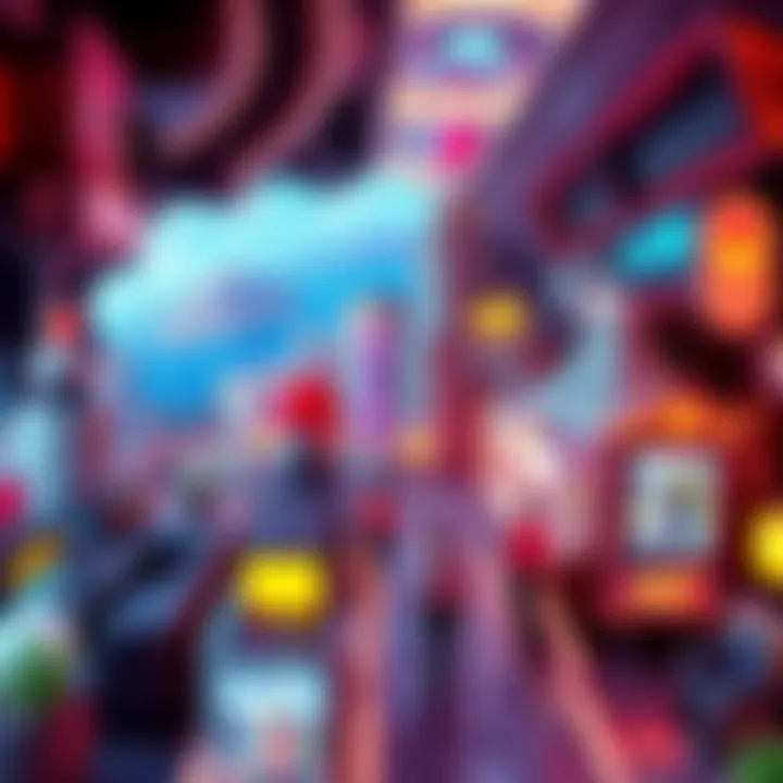 A close-up view of a packed video game map showcasing vibrant environments inspired by Monaco and Las Vegas, with characters interacting in confined spaces.