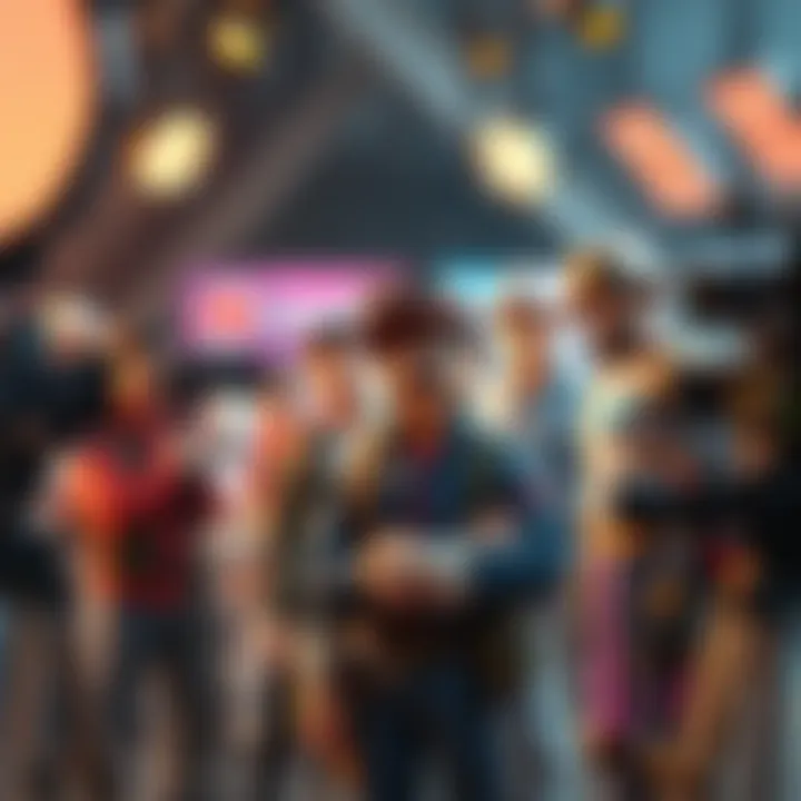 Various video game characters, including an action hero and a cartoon figure, are gathered on a movie set with cameras and lights.