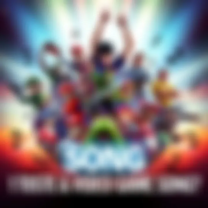 A collage of iconic video game characters with musical notes surrounding them, celebrating favorite video game songs.