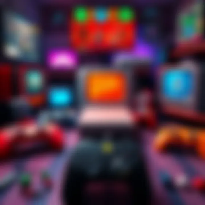 Video Game Pause Menu Music A nostalgic scene showcasing various video game consoles and controllers with vibrant visuals representing pause menu music themes