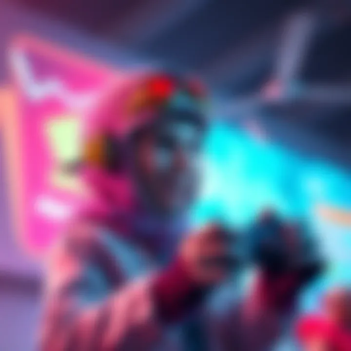 A game character dressed in a funny costume, laughing while setting up a prank with colorful graphics in the background