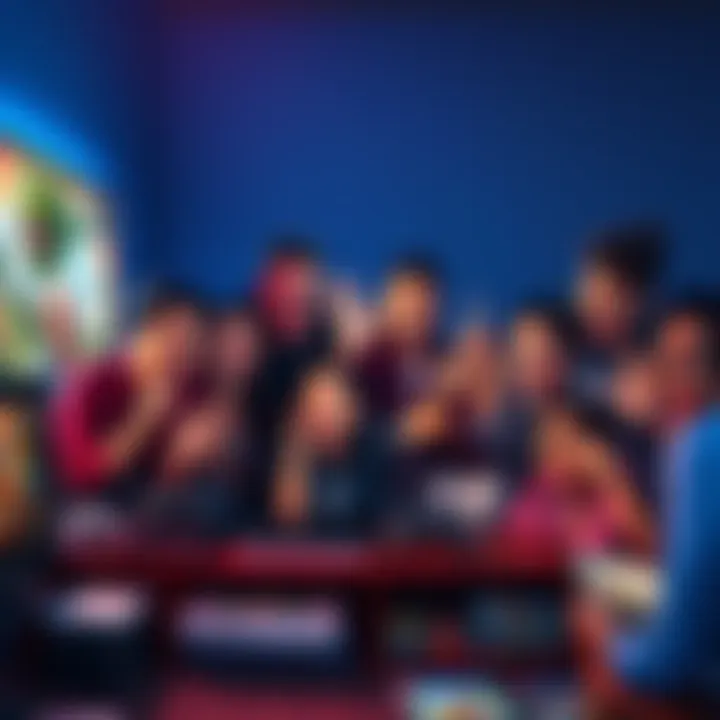 A group of people excitedly discussing their first video game purchases of 2026, surrounded by various video game consoles and games, with colorful game covers visible.