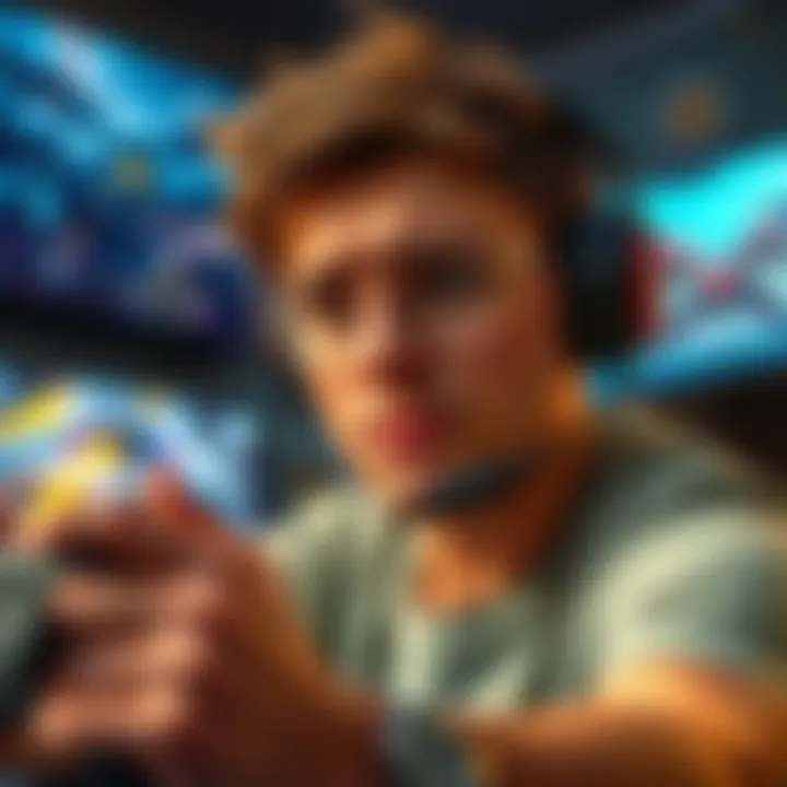 A gamer looking frustrated while playing a challenging video game spin-off, with graphics showing intense gameplay in the background.